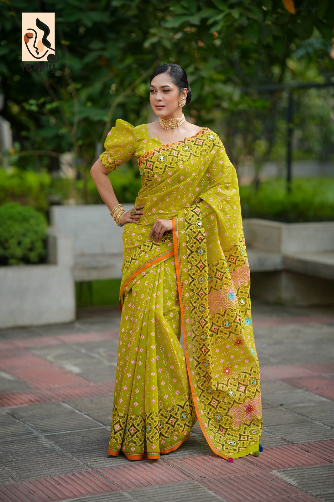 Kath Block And Embroidery Saree With Mirror Work | BLS-09