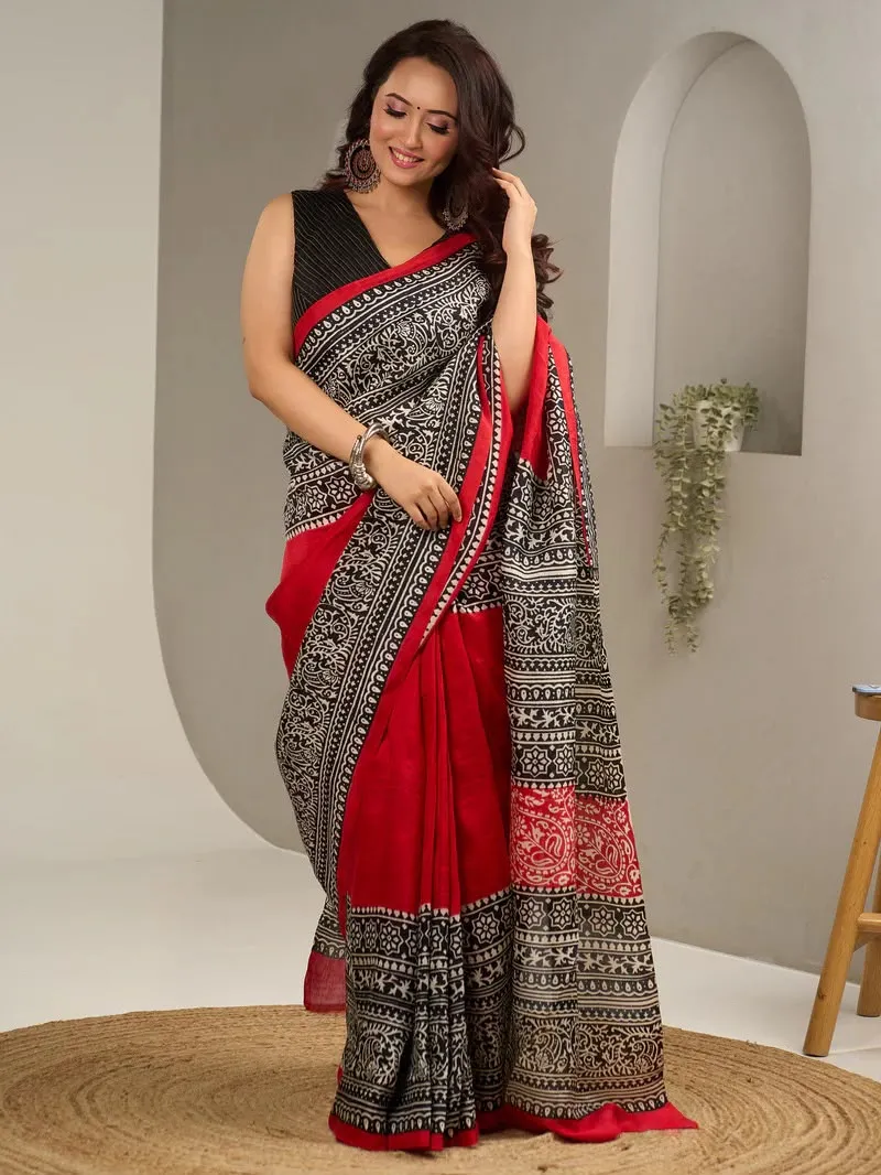 Sanskruti Black & Red Digital Printed Pure Silk Saree