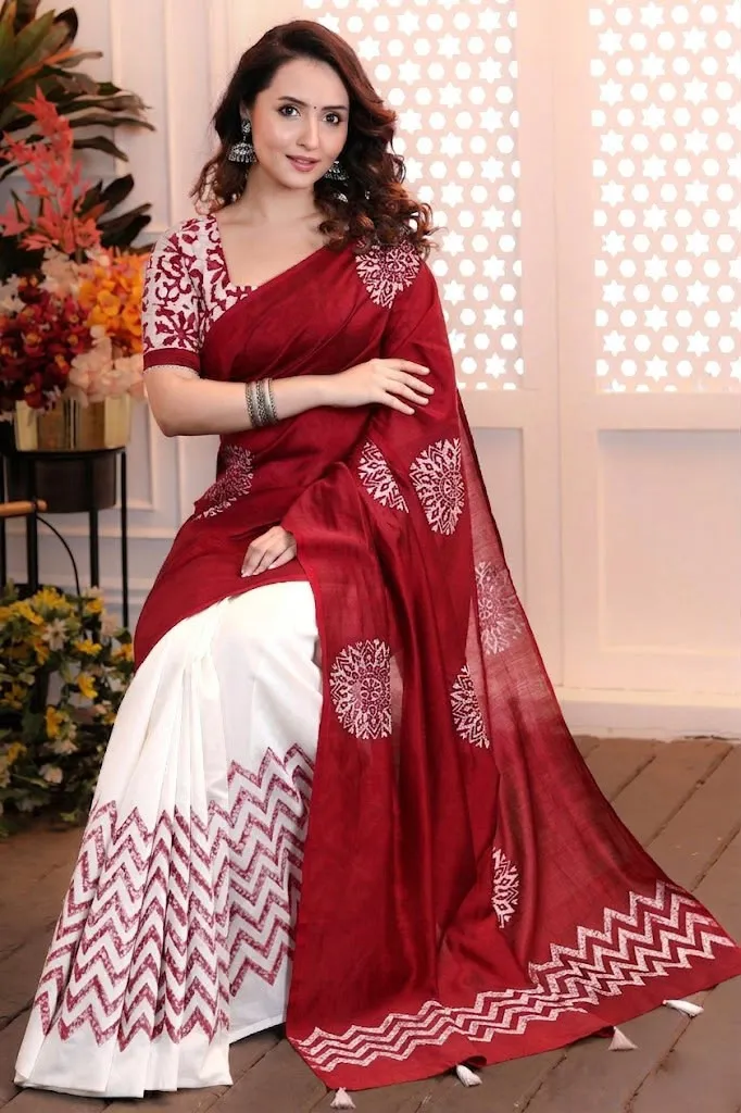 Red And White Chanderi Silk Digital Print Saree With Unstitched Blouse Piece
