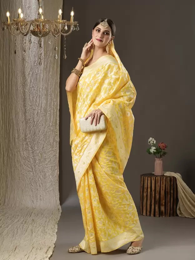 Woven Kanjivaram Cotton Silk Saree  (Yellow)