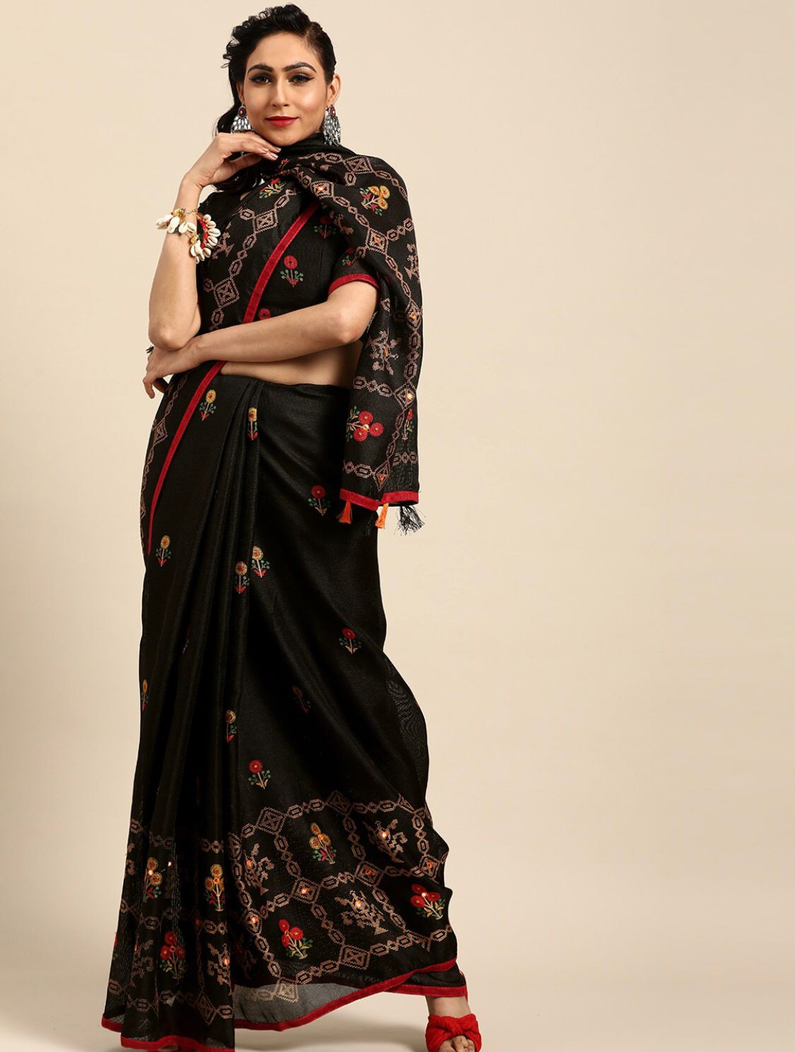 Black & Beige Jute Silk Printed Saree