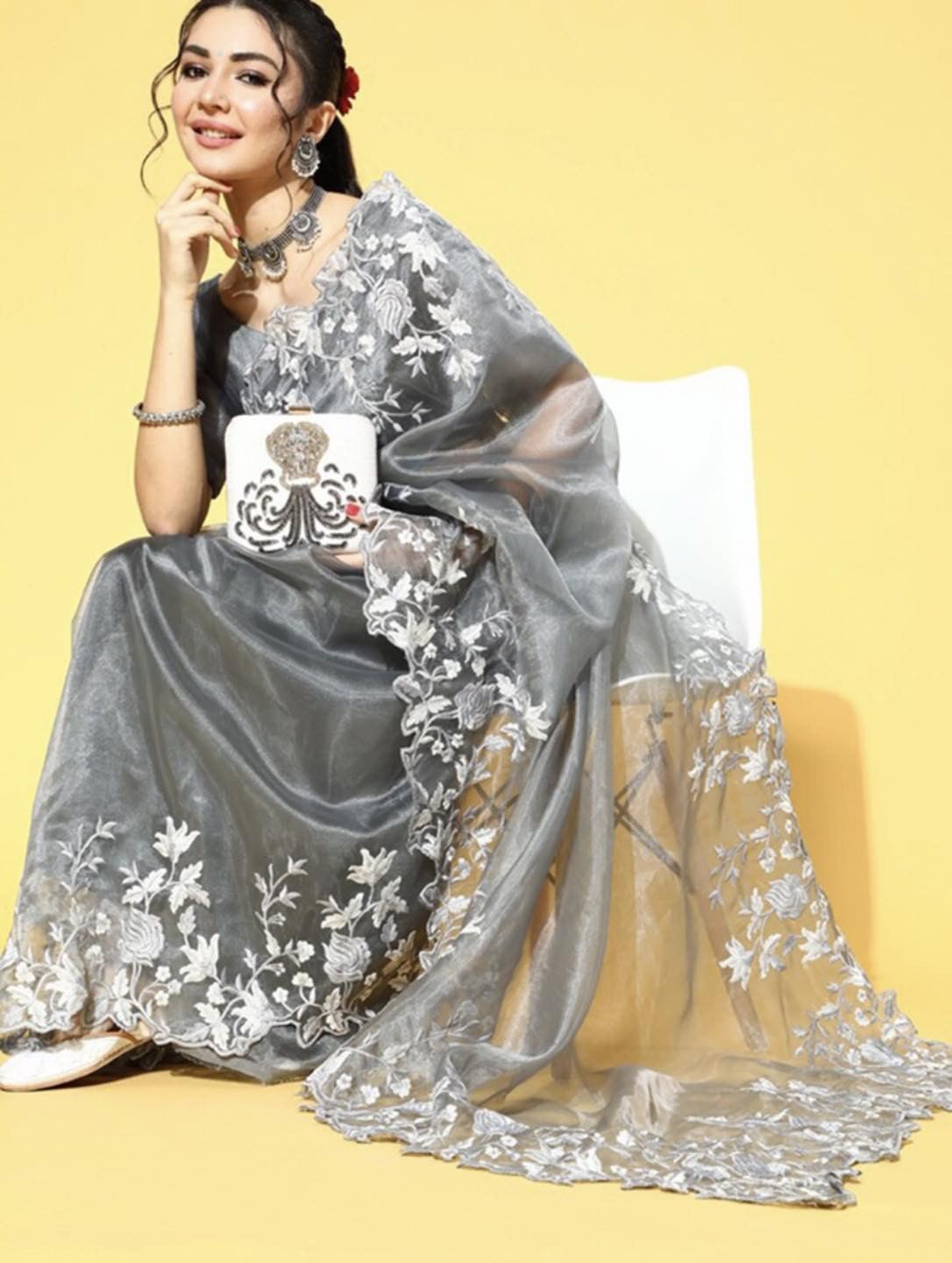 Embroidered Daily Wear Organza Saree  (Grey)