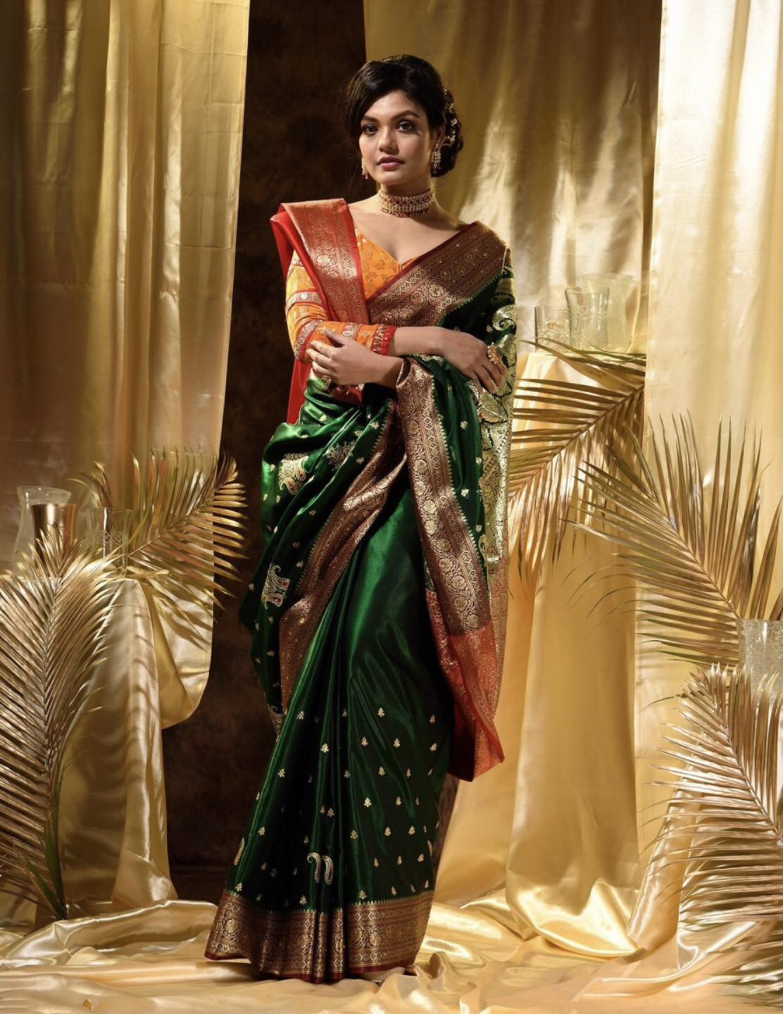 Embroidered Banarasi Satin Saree  (Dark Green)