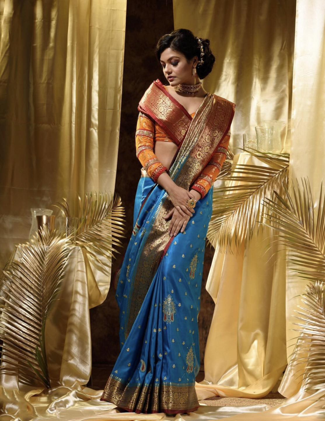 Embroidered Banarasi Satin Saree  (Light Blue)