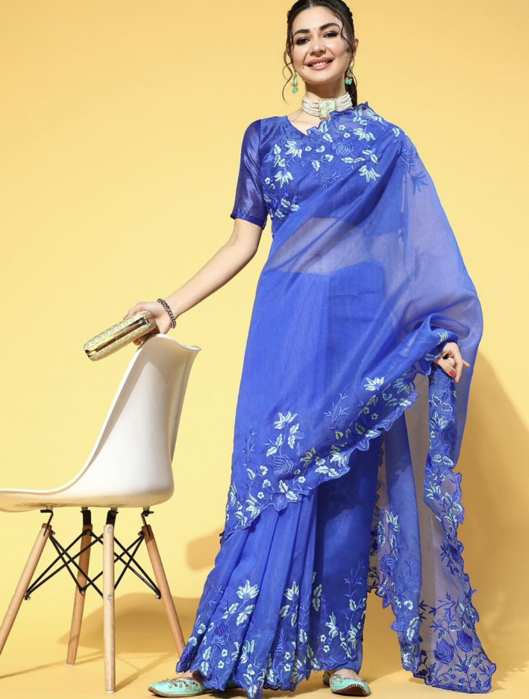 Embroidered Bollywood Organza Saree  (Light Blue)