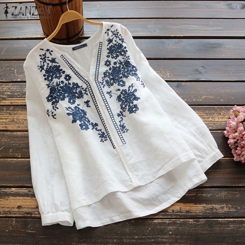 ZANZEA Women V Neck Embroidery Flower Asymmetrical Hem Blouse