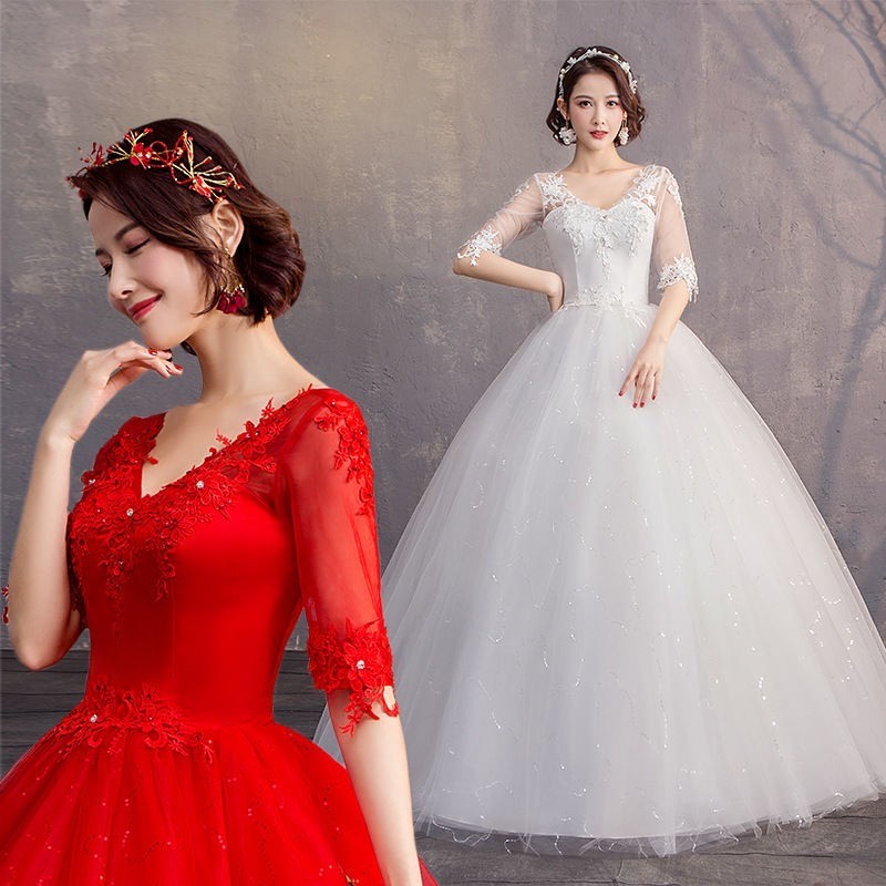 Fashion Women Half Sleeve V-Neck White Wedding Dress Lace Beaded Red Bridal Ball Gown Dress Plus Size