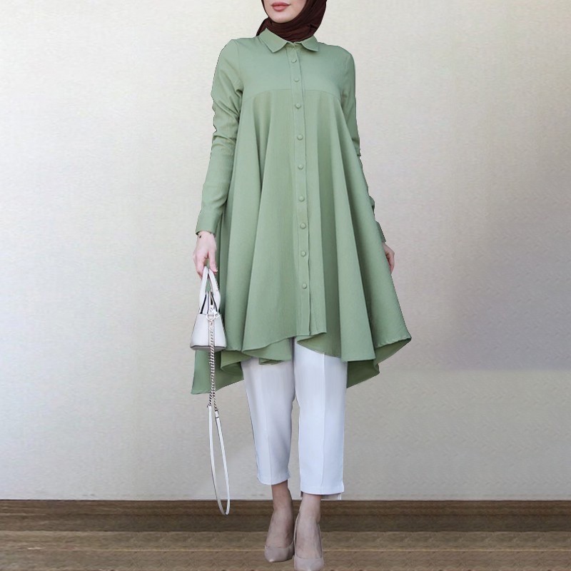 ZANZEA Women Casual Turn-Down-Collar Long Sleeve Muslim Blouse