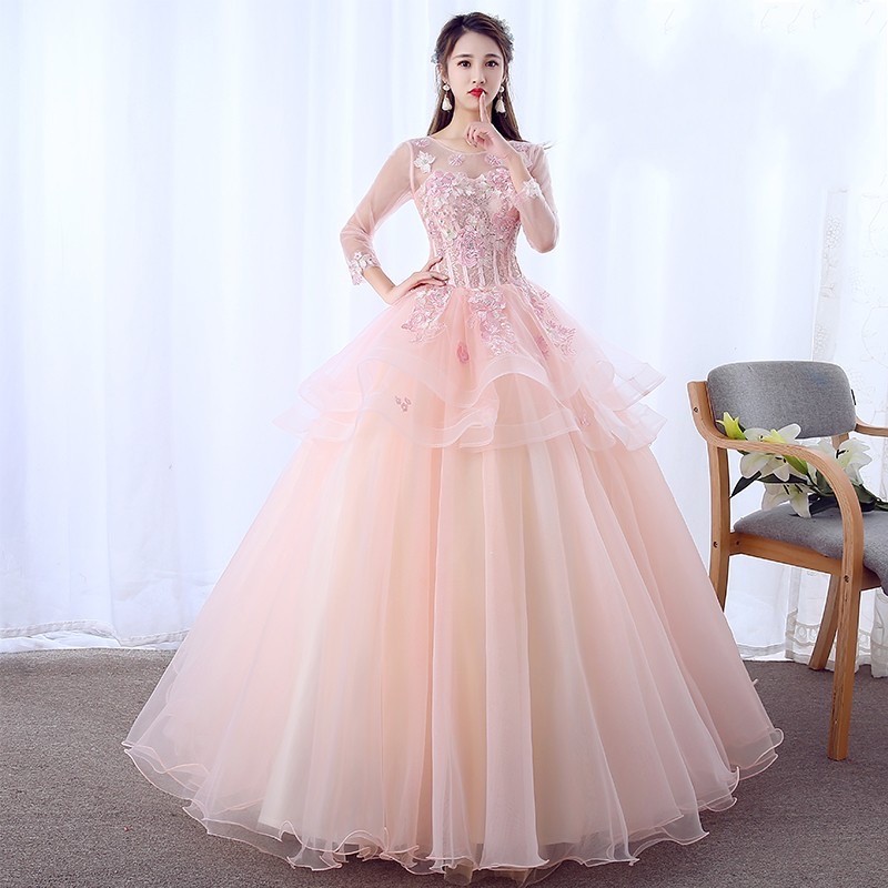 Peach 3/4 Sleeve Lace Flower Embroidery Wedding Gown Evening Dress