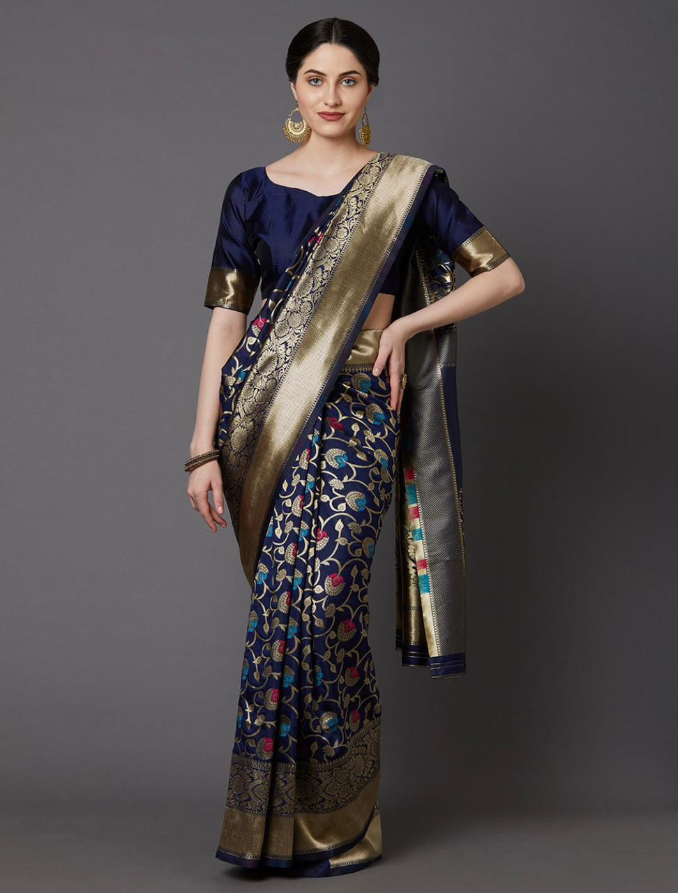 Navy Blue Silk Blend Woven Design Banarasi Saree