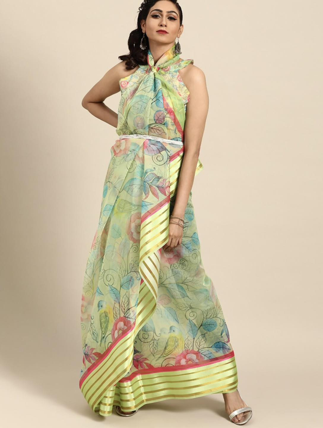 Printed Bollywood Organza, Net Saree  (Parrot Green)