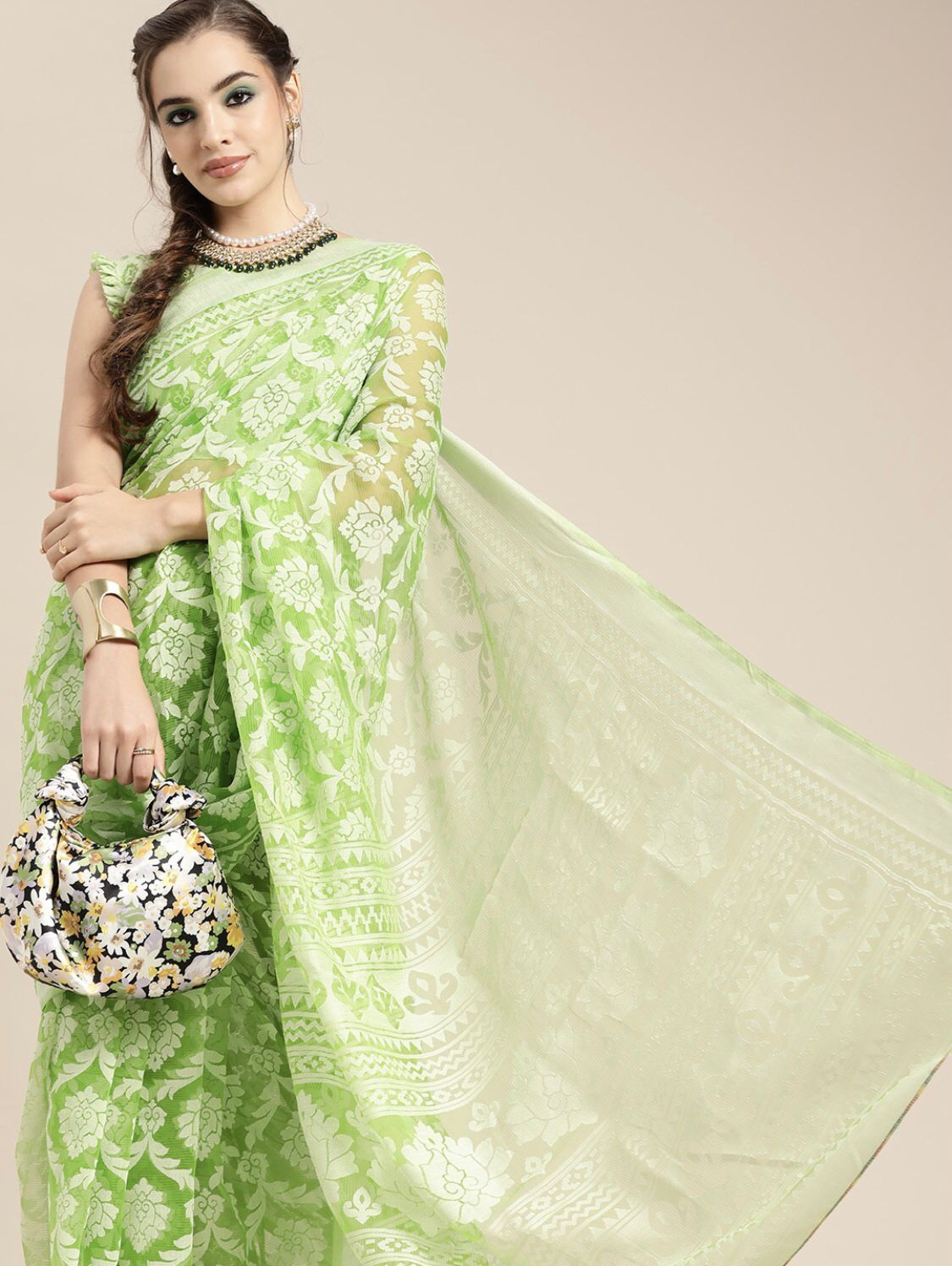 Green Ethnic Motifs Brasso Chanderi Sarees