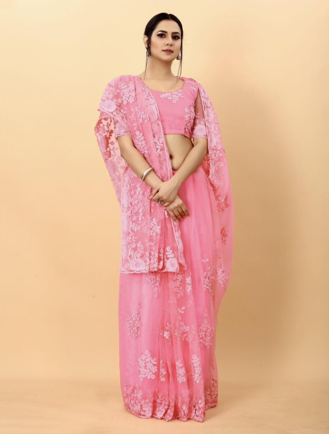 Embroidered Bollywood Net Saree  (Pink)