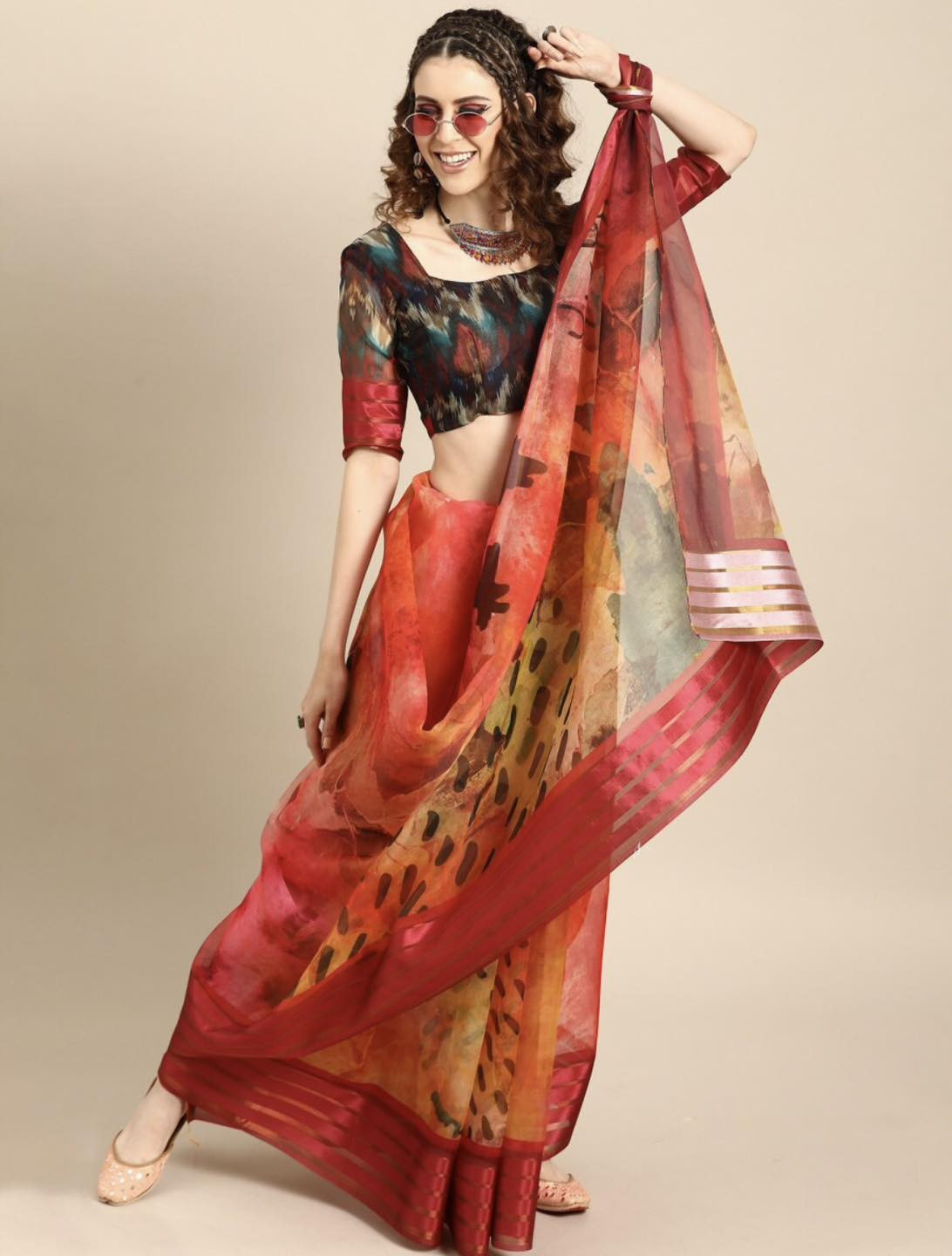 Printed Bollywood Organza, Net Saree  (Red)