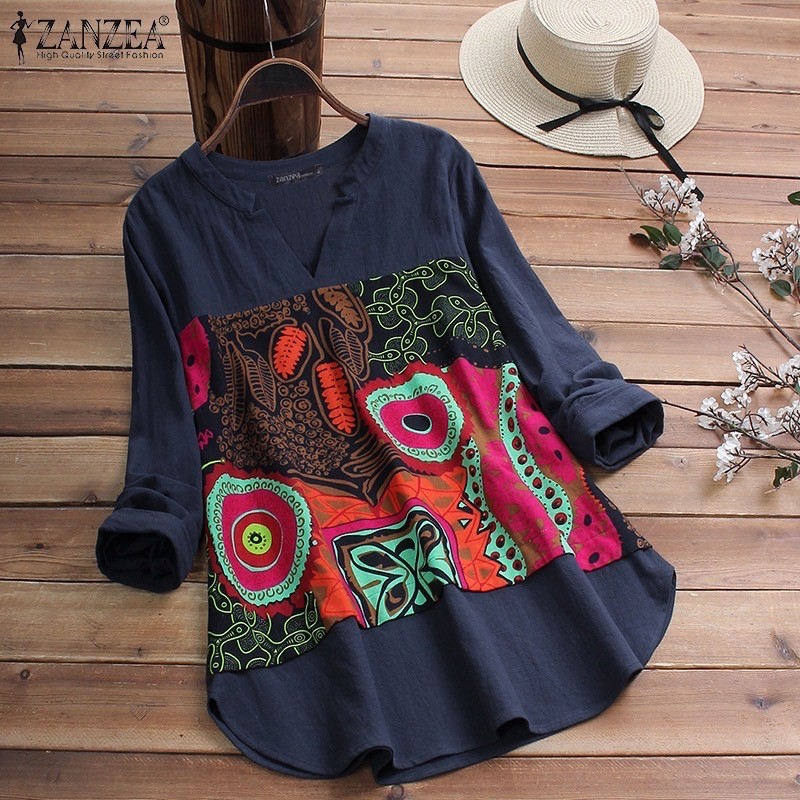 ZANZEA Women 3/4 Sleeve V-Neck Cotton Printed Casual Blouse