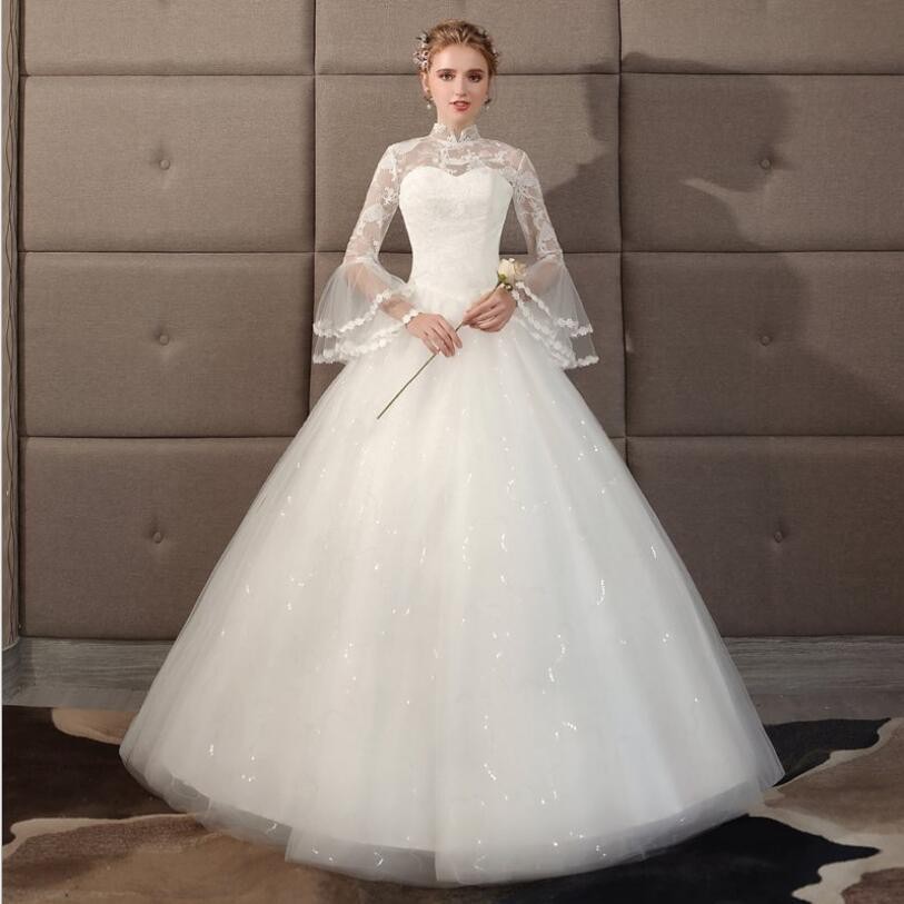 Elegant Stand Collar Lace Embroidery Long Sleeve Wedding Gown