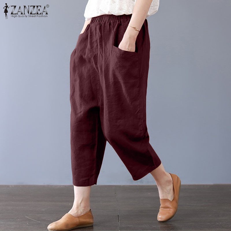 ZANZEA Women's Plus Size Casual Cropped Capris Cotton Loose Trousers