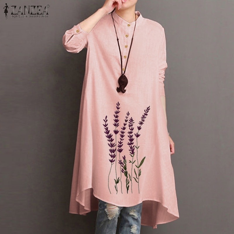 ZANZEA Women Button-Front Long Sleeve Embroidery Irregularity Hem Blouse