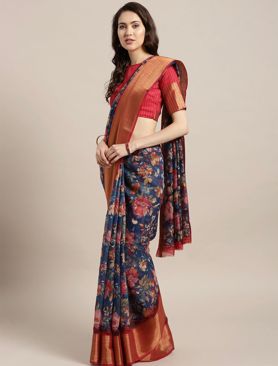 Navy Blue & Red Linen Blend Printed Saree