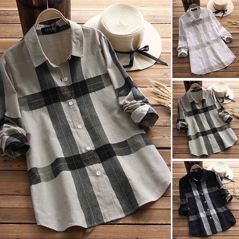 ZANZEA Women Long Sleeve Plaid Casual Loose Lapel Turn Down Collar Blouse