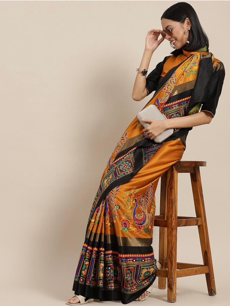 Mustard & Black Embellished Kutchi Embroidery Saree