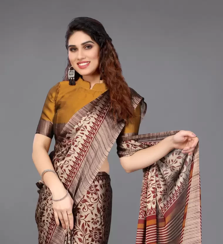 Printed Daily Wear Chiffon Saree  (Brown, Maroon)