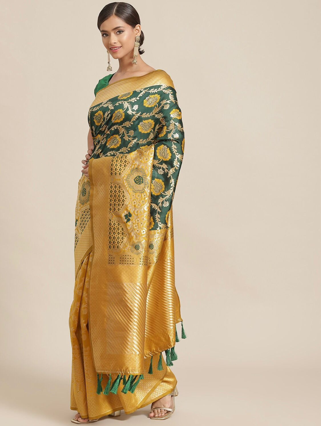 Green & Mustard Floral Zari Pure Silk Kanjeevaram Saree