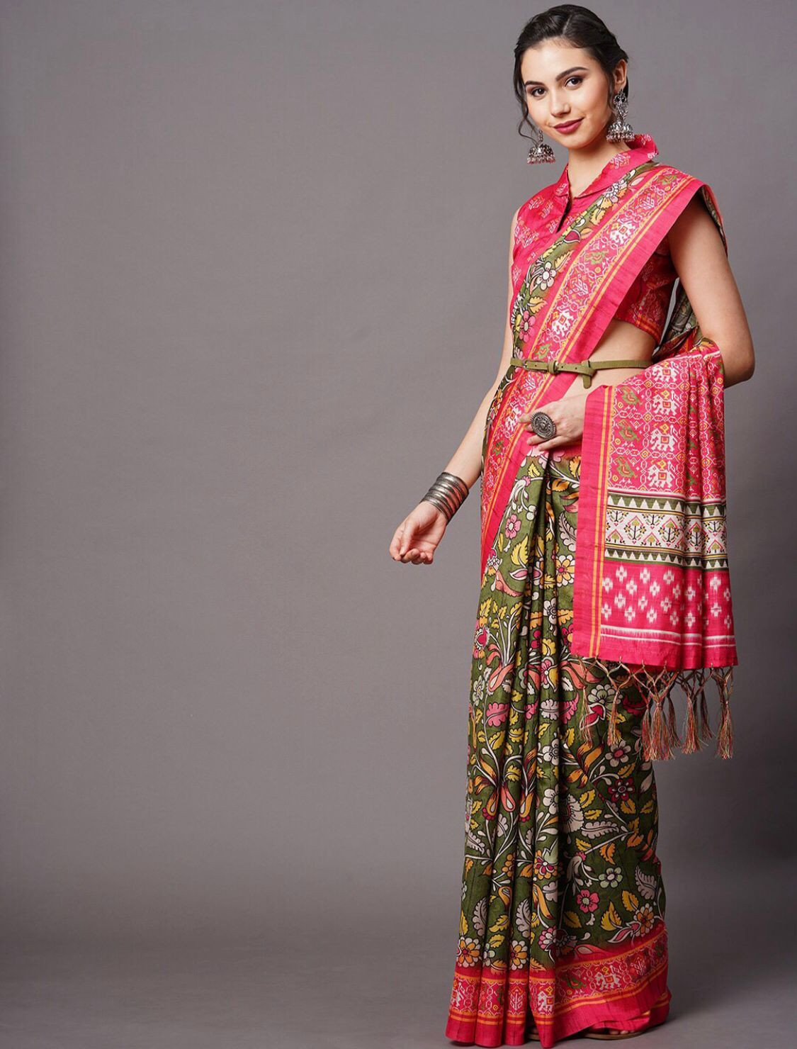 Olive Green & Pink Floral Printed Silk Blend Saree