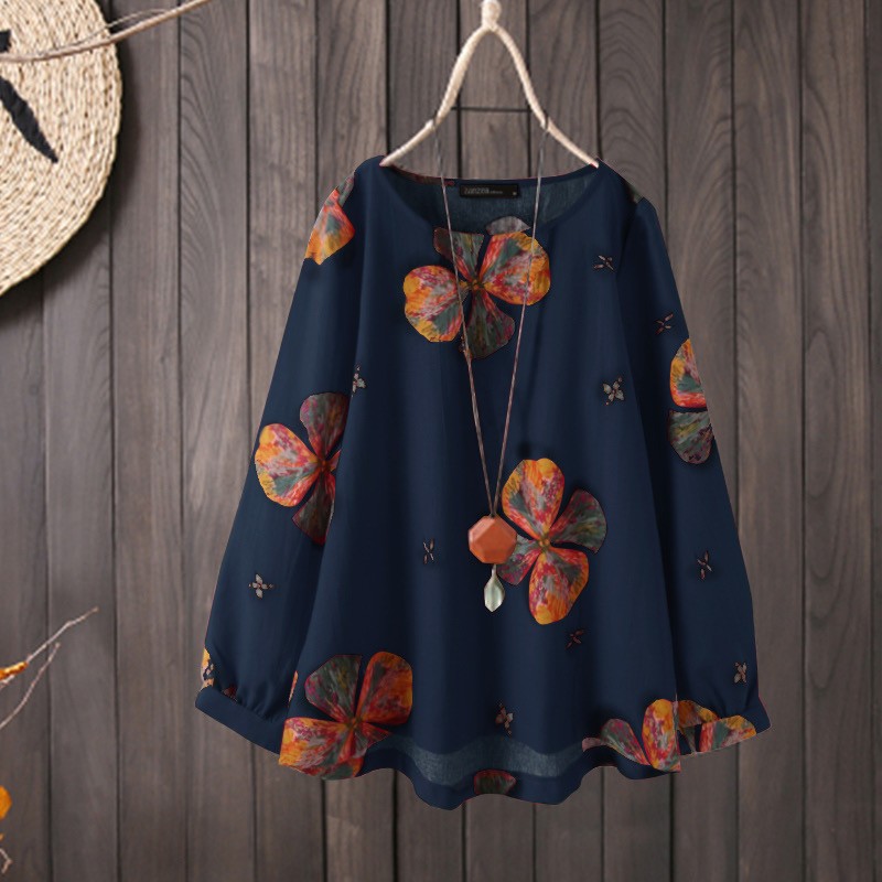 ZANZEA Women Long Sleeve Loose Retro Floral Printed Casual Blouse