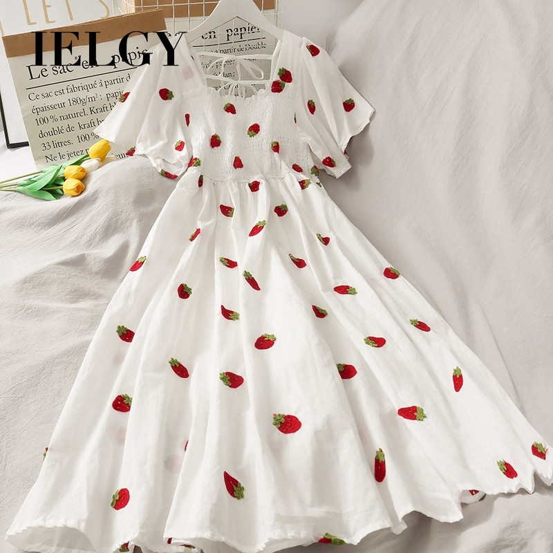 IELGY high waist mid-length pineapple print big swing skirt female summer lace-up pleated dress strawberry