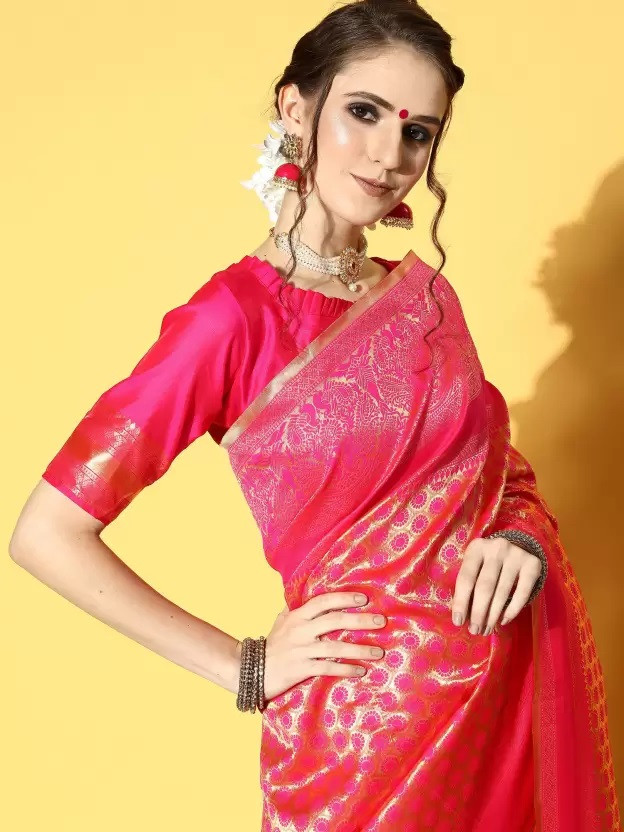 Woven Banarasi Silk Blend Saree  (Pink)