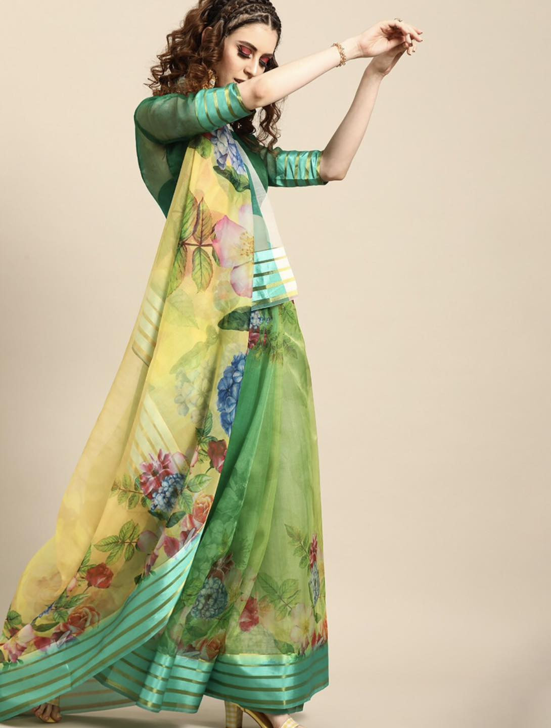 Printed Bollywood Organza, Net Saree  (Green)