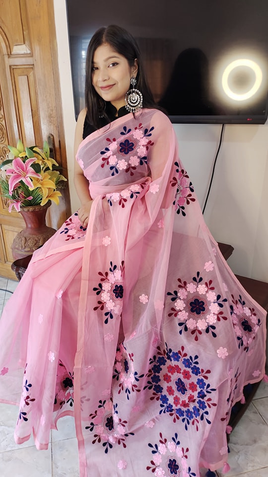 Premium quality New Applique and Embroidery Saree Pink