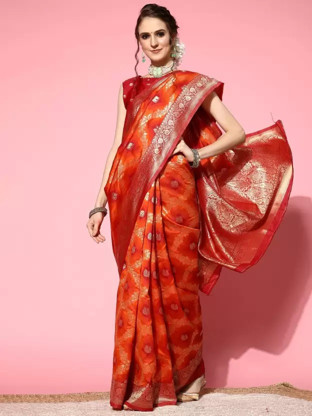 Woven Banarasi Silk Blend Saree  (Orange)