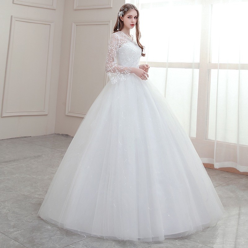 White Elegant Wedding Dresses Long Sleeve Slim Fit Lace Bridal Ball Gown