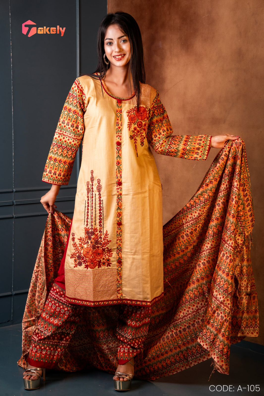 Biscuit Chinigura Cotton Three Piece – Embroidered & Printed Dupatta | A-105