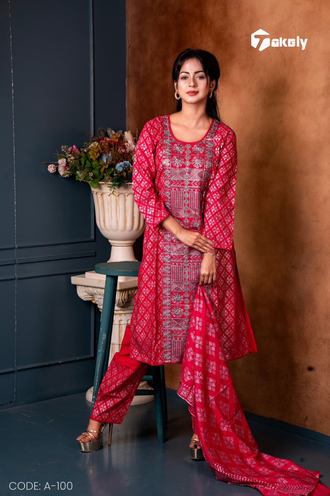 Pink Linen Cotton Three Piece – Embroidered & Printed Set | A-100