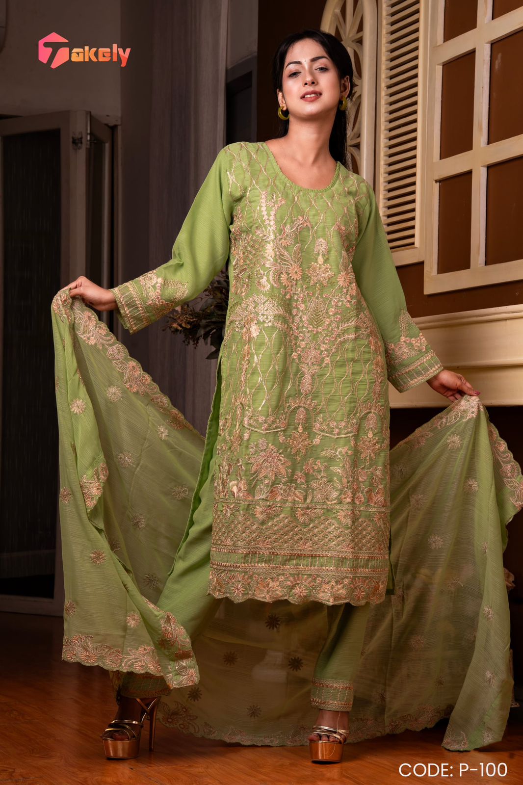 Light Olive Georgette Three Piece – All Over Embroidered | P-100