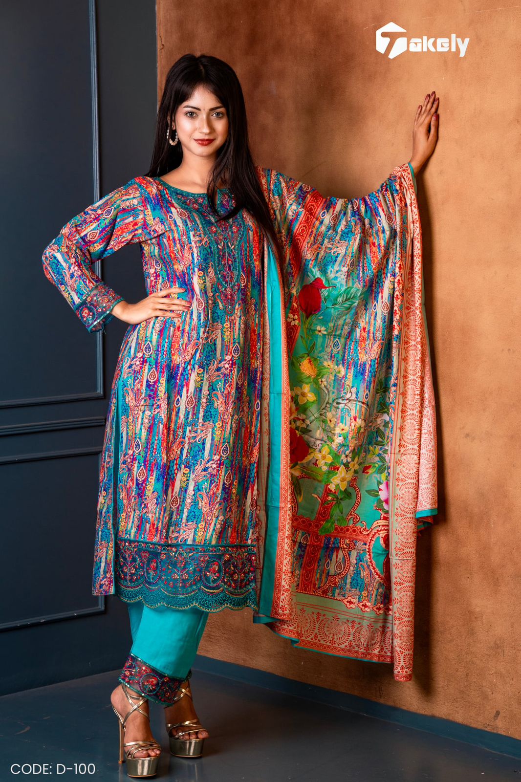Digital Printed Cotton Three Piece with Embroidery | D-100