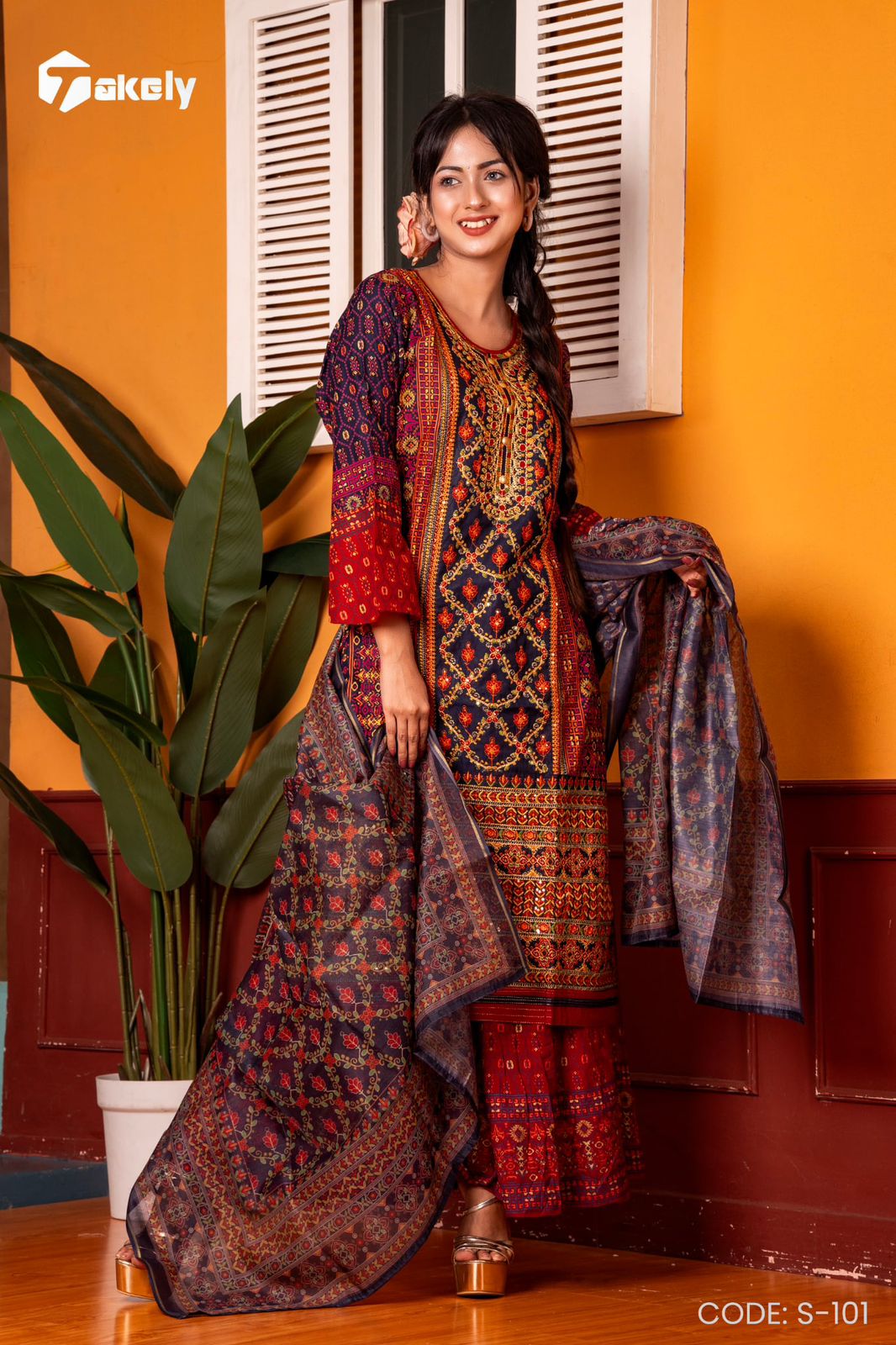 Embroidered Linen Ghagra Set with Printed Dupatta | S-101