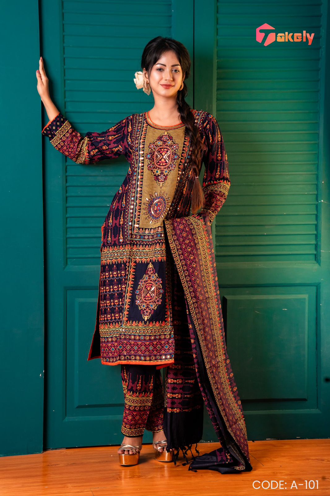 Embroidered Linen Three Piece with Mirror & Ruffle Lace | A-101