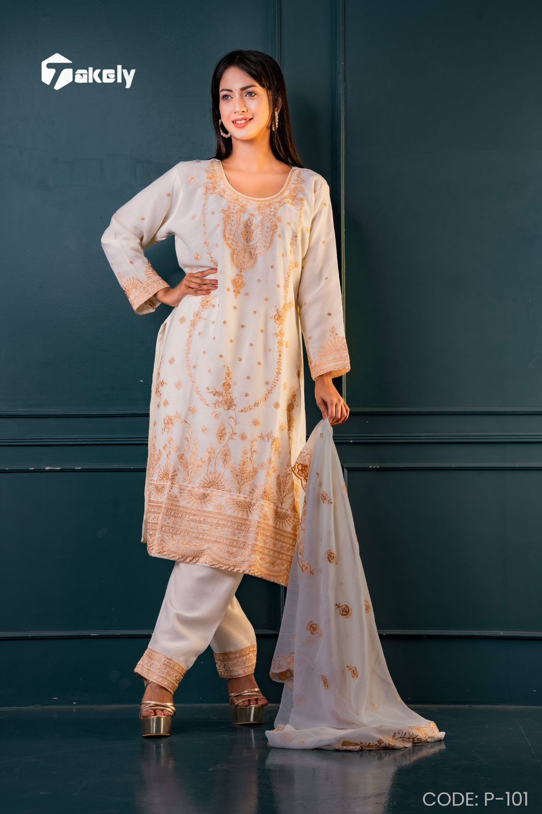 Light Olive Georgette Three Piece – All Over Embroidered | P-101