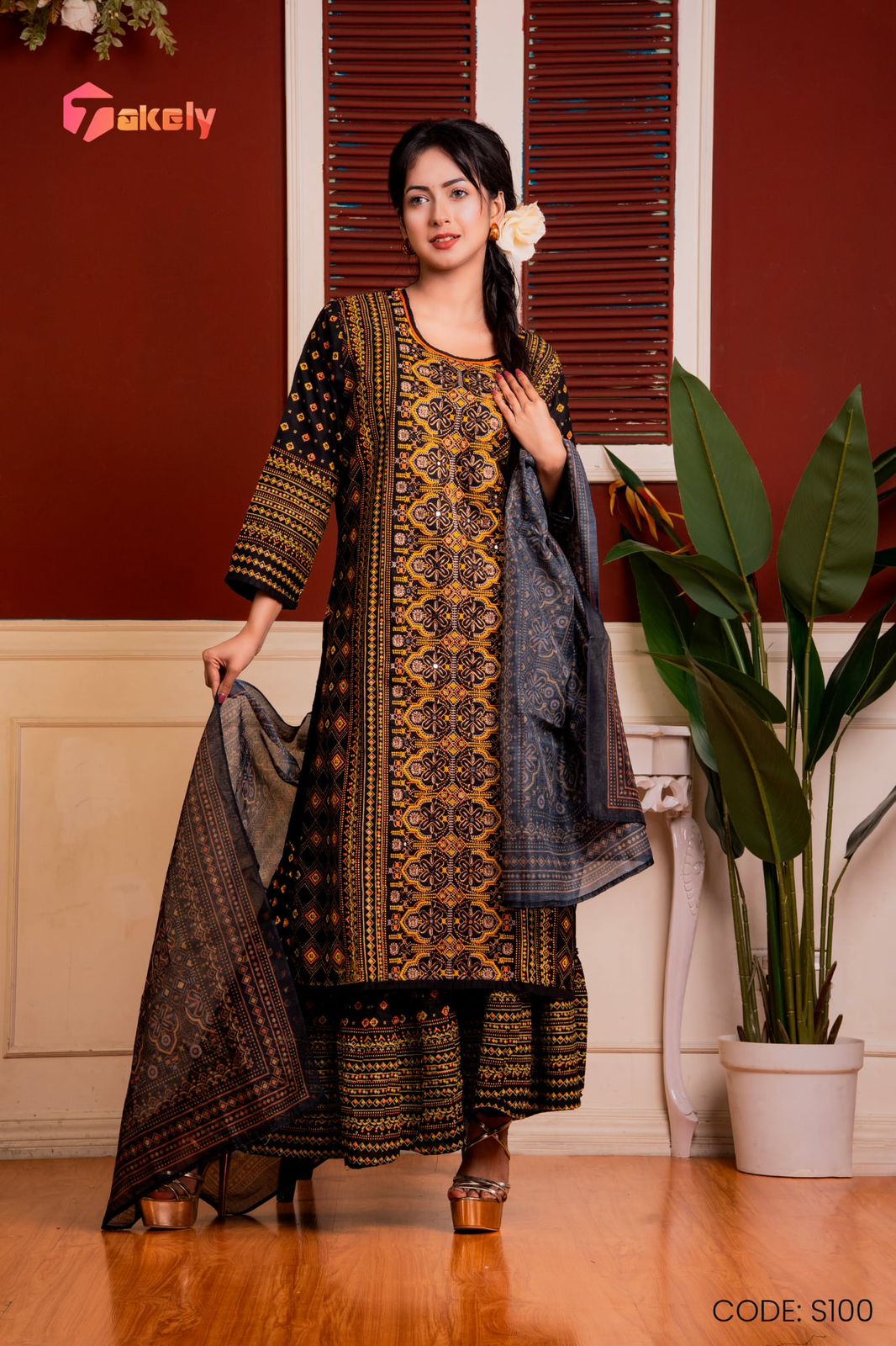 Embroidered Linen Ghagra Set with Printed Dupatta | S-100