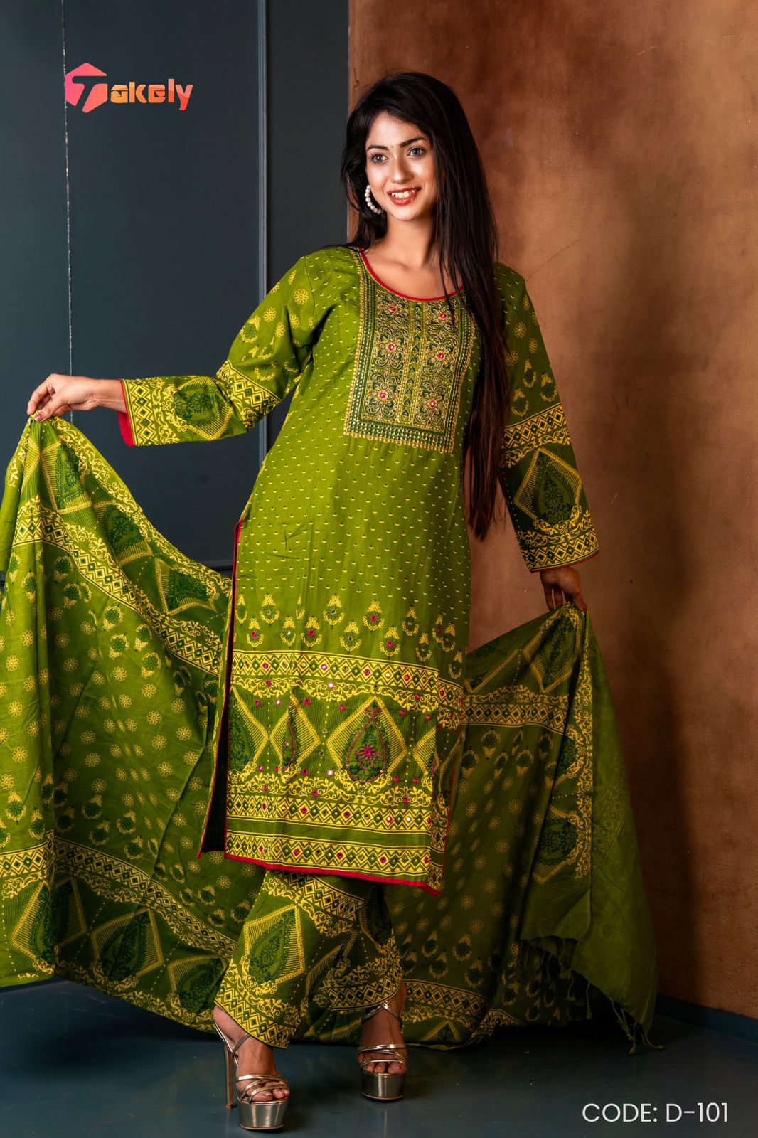 Elegant Green Embroidered and Printed Cotton Three Piece | 101