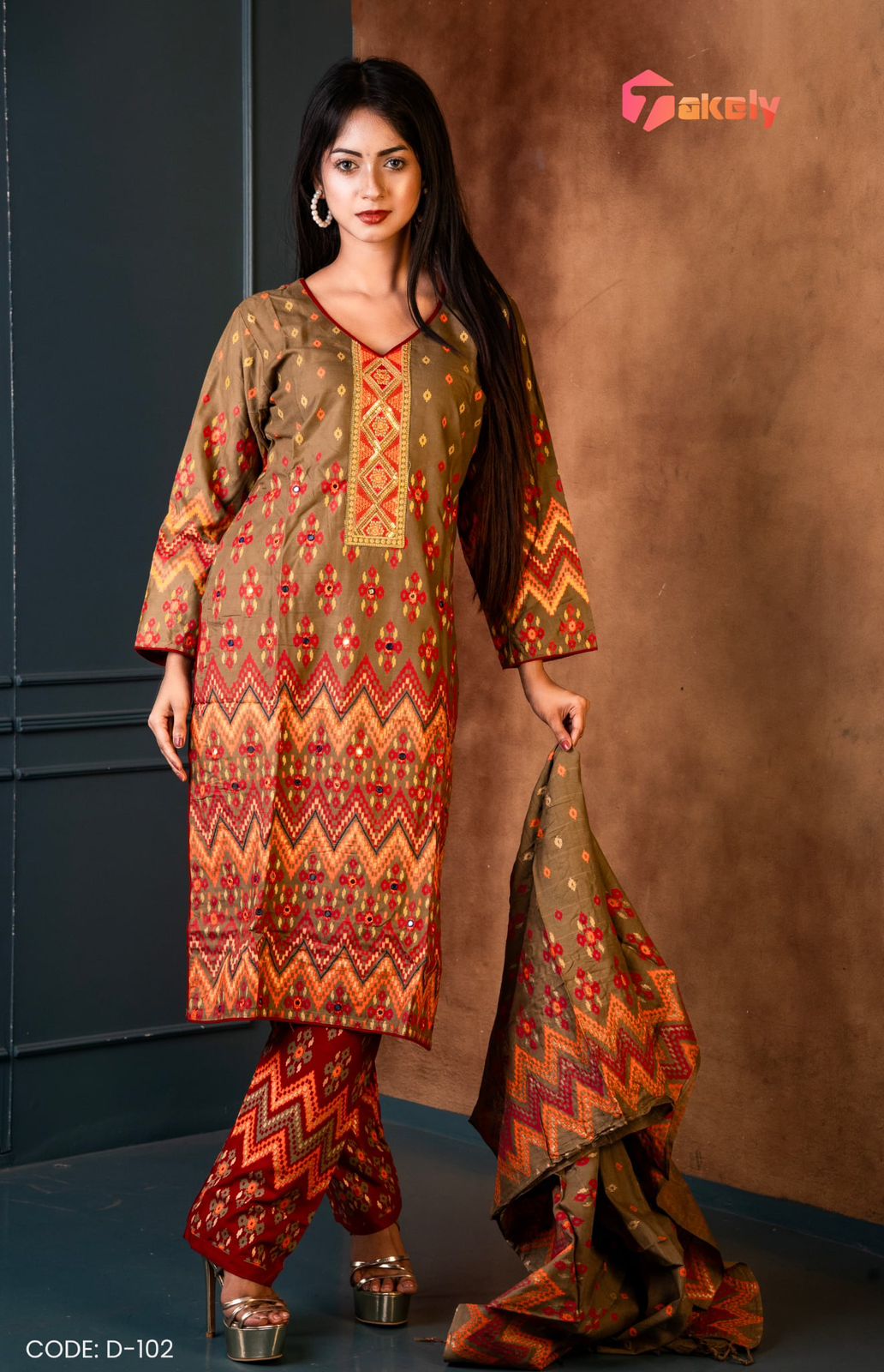Chic Biscuit Embroidered and Printed Cotton Three Piece | D-102