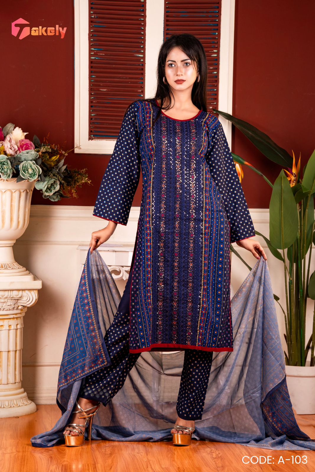 Heavy Embroidery with Printed Half Silk Dupatta | Navy Blue | A-103