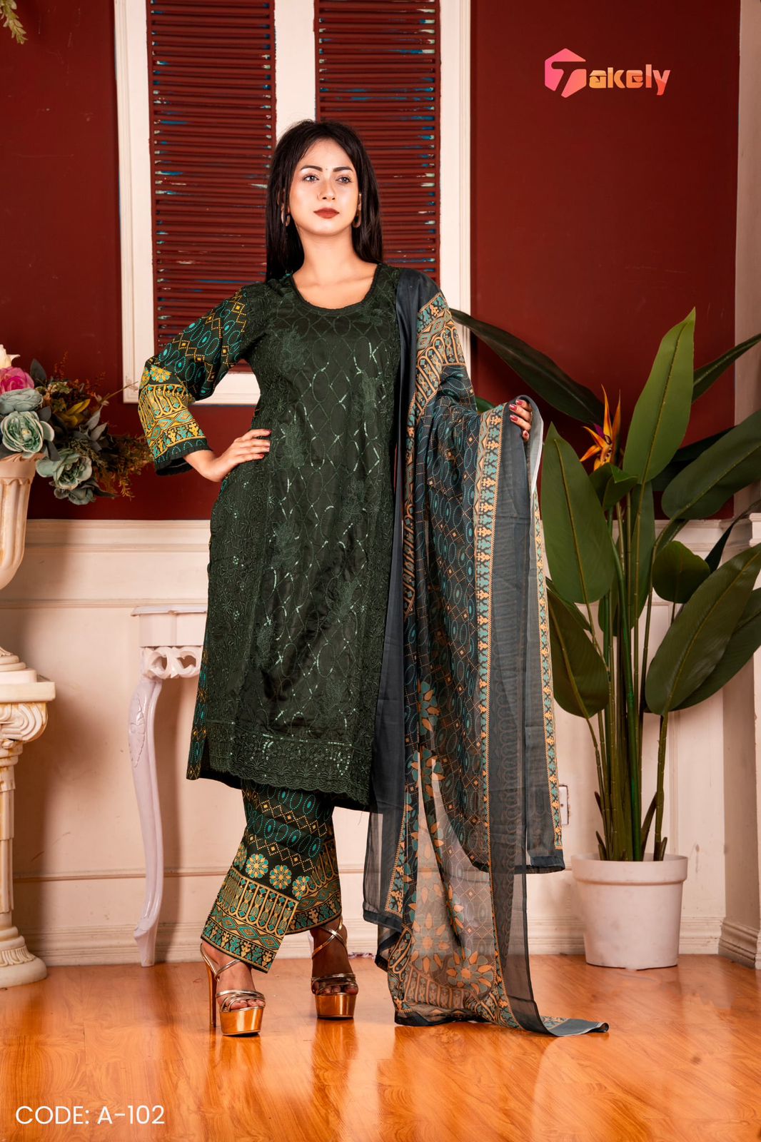 Deep Green Premium Linen Cotton Three Piece | A-102