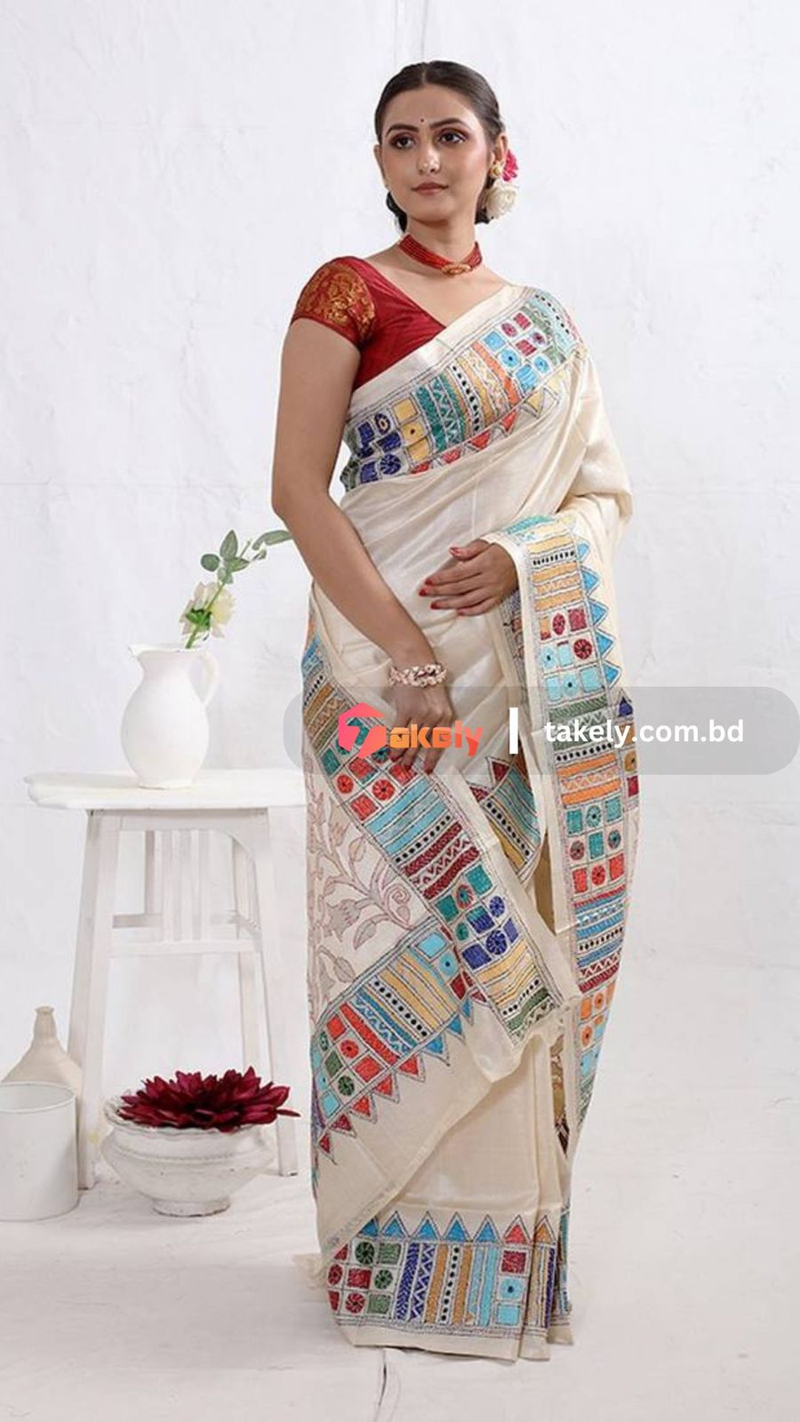 Cream Kantha Stitch Print Pure Silk Saree With Blouse Piece | DG-127