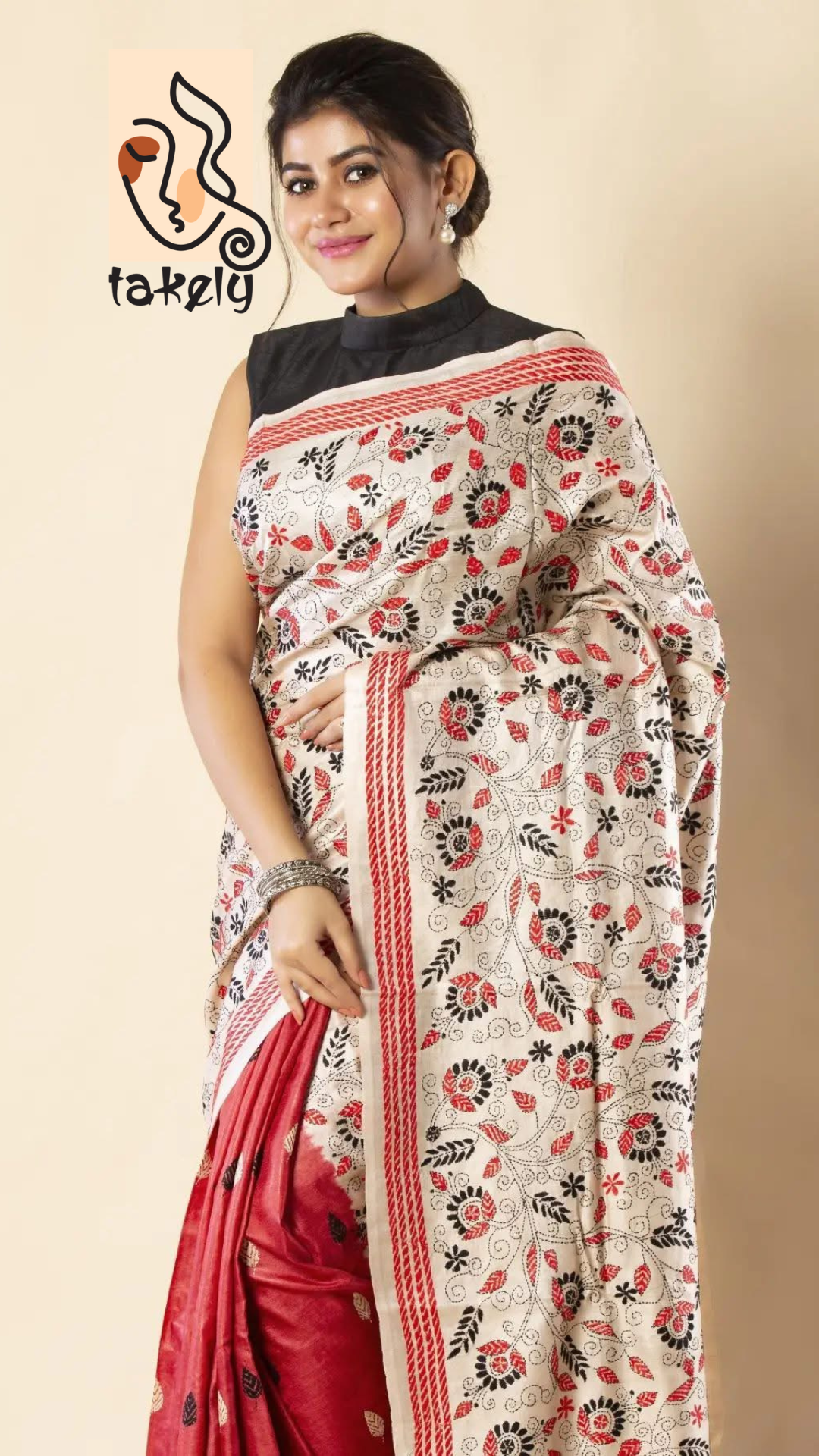 Cream and Red Color Pure Soft Silk Digital Print Saree | DG-215