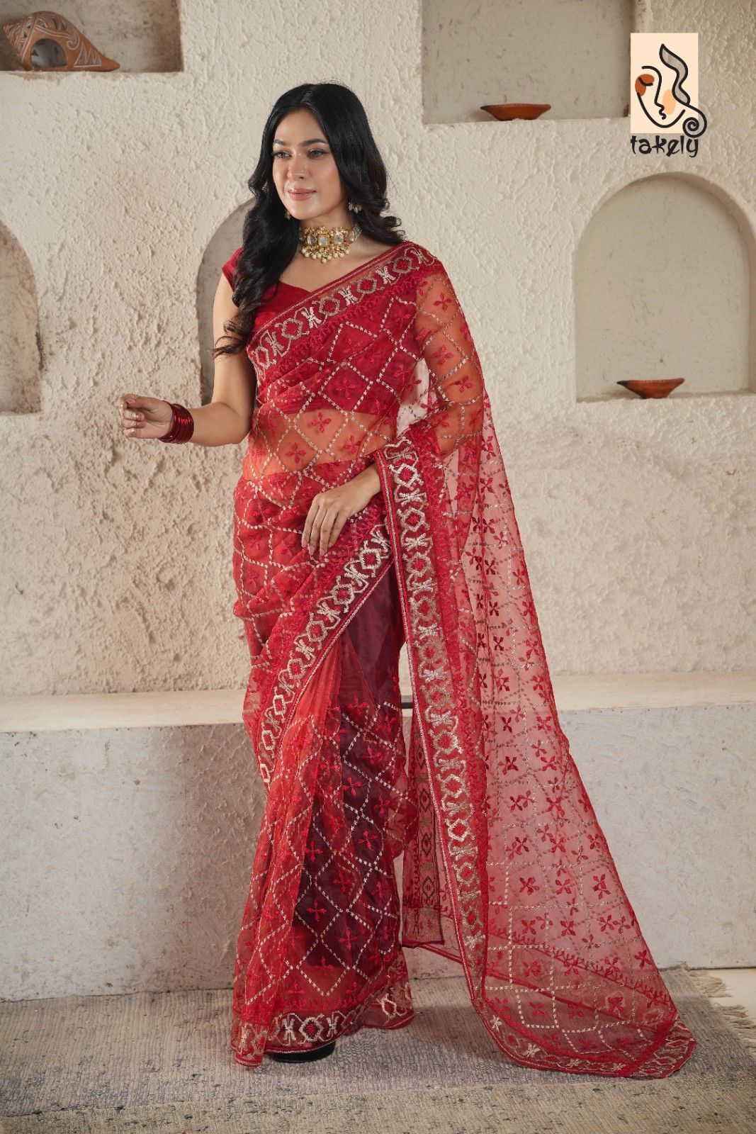 Maroon Color Organza Silk Embroidery Saree With Running Blouse | EMB-115
